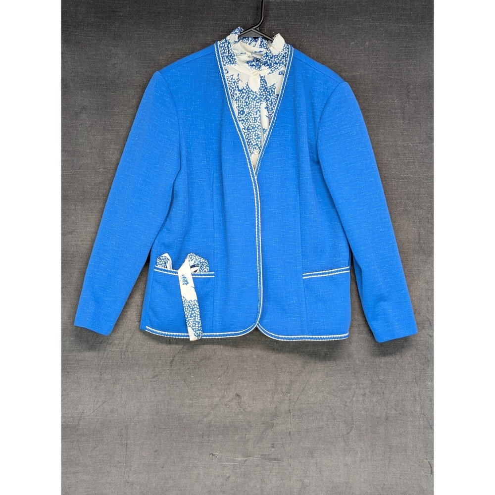 Vtg Cape Cod Match Mates Blue Shirt/Jacket Set Grandma Core Pussycat Bow Coastal